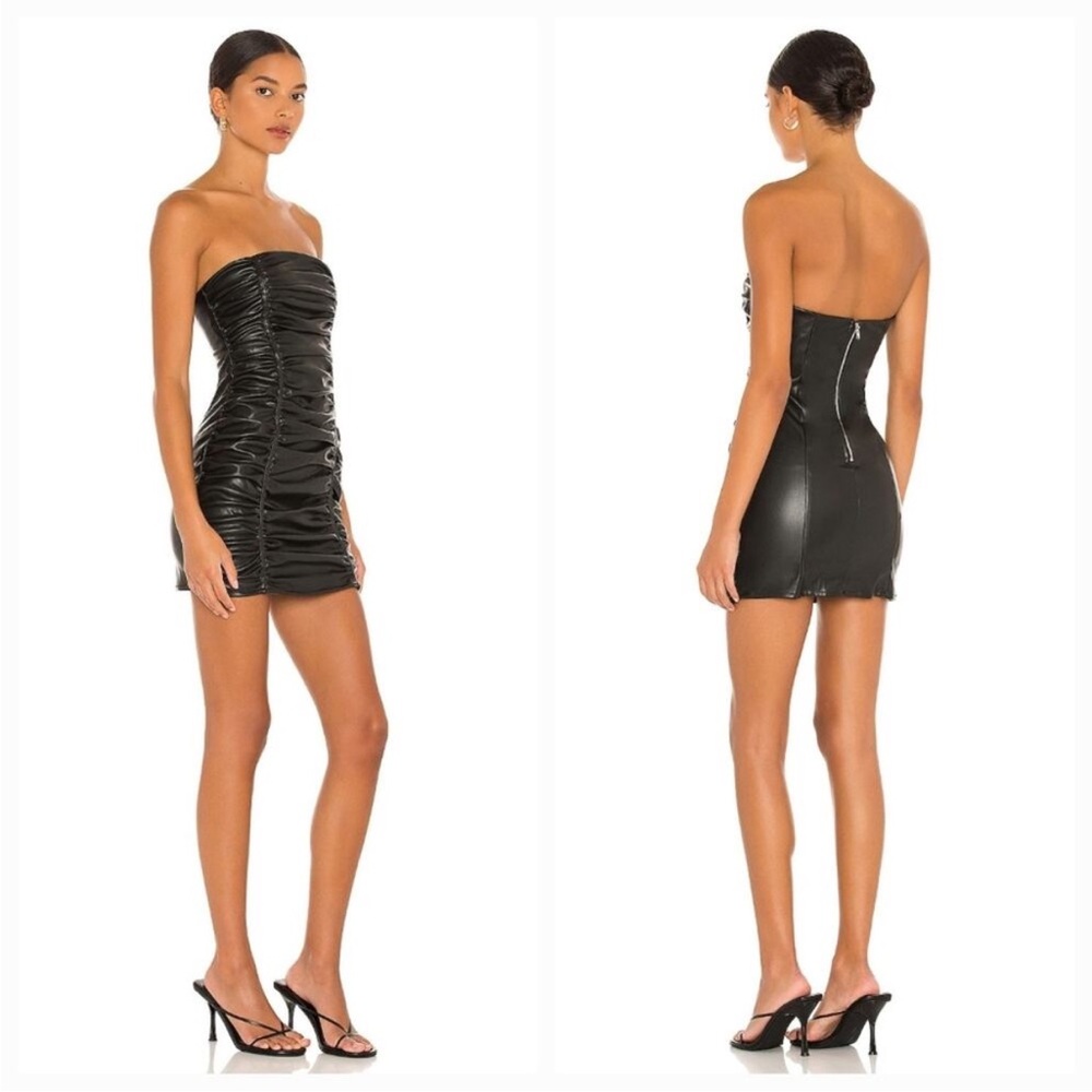 Superdown Lily Ruched Mini Dress in black faux leather